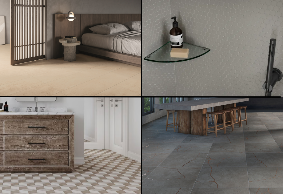 Collage of interior spaces with artisan cement tile